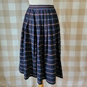 Vtg 50s Handmade Cotton Pleated Woven Striped Plaid Full Midi Skirt S